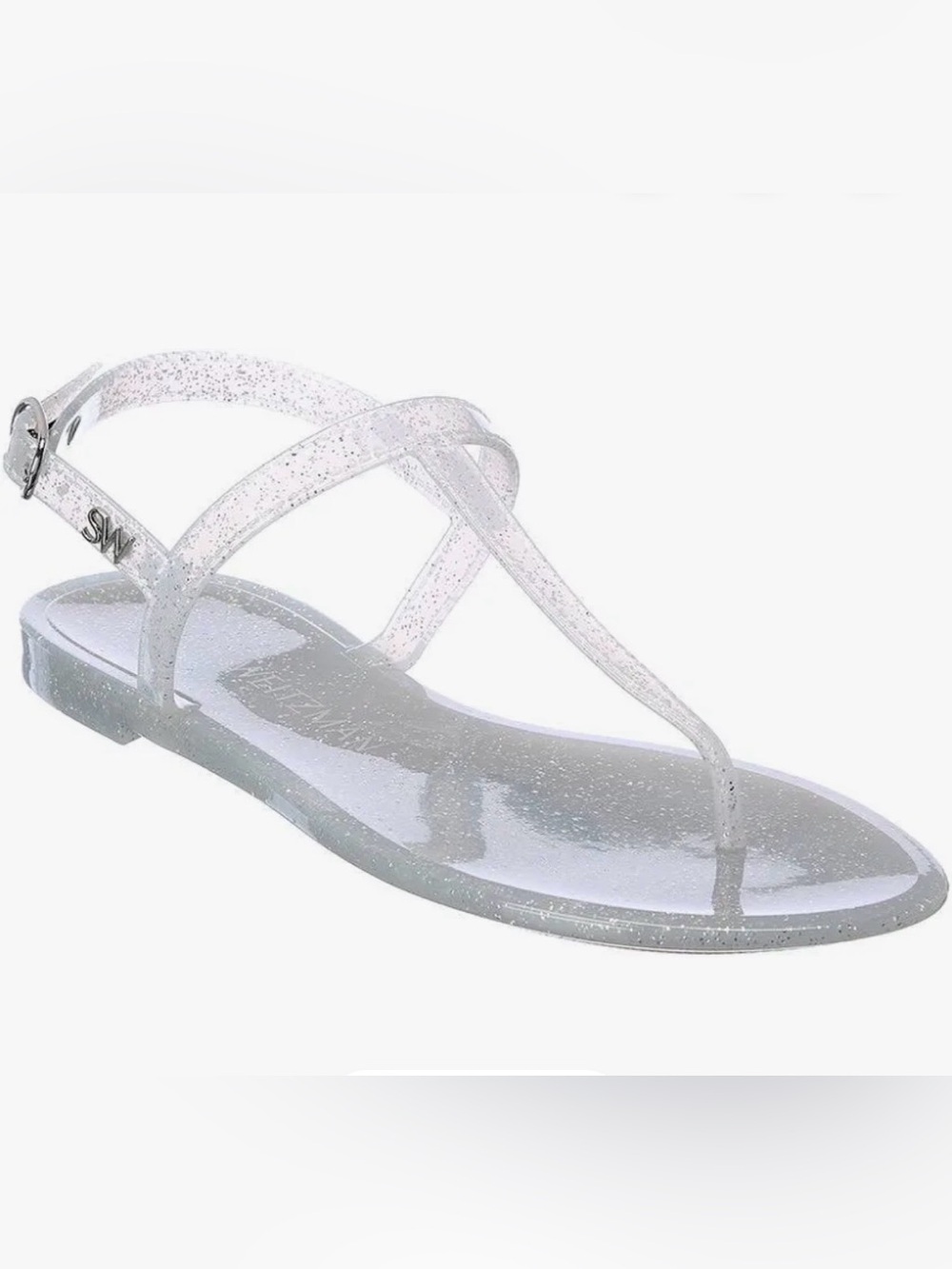 Stuart Weitzman Sallie T-Strap Clear Silver Glitter Jelly Flat Sandals 7.5